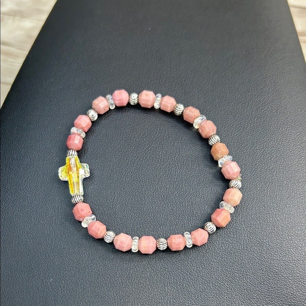 Stone Beaded Bracelet with AB Crystal Cross Bead